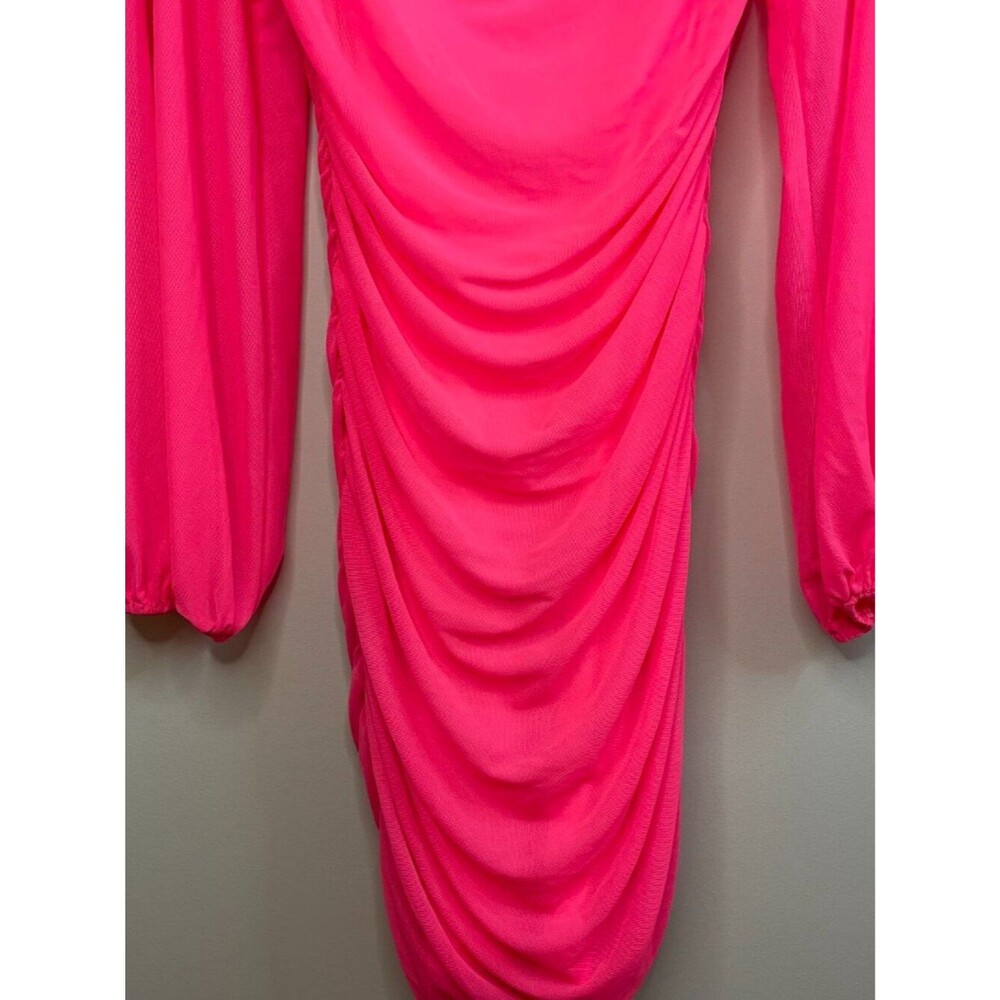 MEROKEETY Hot Pink Long Sleeve Square Neck Mesh Bodycon Midi Dress Size M 8-10 - Picture 2 of 15